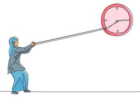 Continuous one line drawing young Arab female worker pulling clockwise of big analog wall clock with rope. Time management minimalist concept. Single line draw design vector graphic illustration.