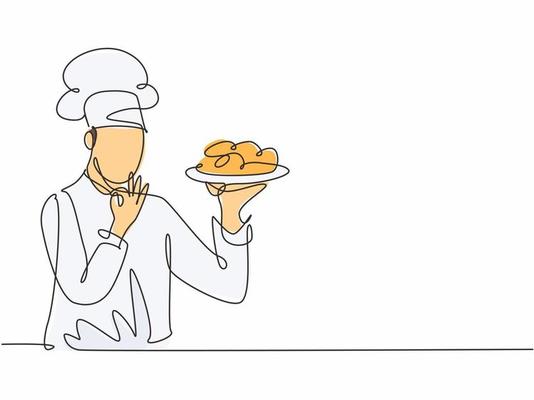 Single one line drawing young happy handsome male chef give tasting good gesture while serving main dish at restaurant. Delicious food taste trendy one line hand drawn vector illustration minimalism