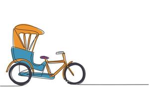 Single continuous line drawing the cycle rickshaw seen from the side pulls the passenger sitting behind it with a bicycle pedal. Tourist vehicle. One line draw graphic design vector illustration.