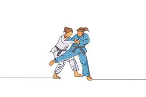 una línea continua dibujando a dos jóvenes deportistas entrenando técnica de judo en el polideportivo. concepto de competencia deportiva de lucha de batalla de jiu jitsu. Ilustración gráfica de vector de diseño de dibujo de línea única dinámica