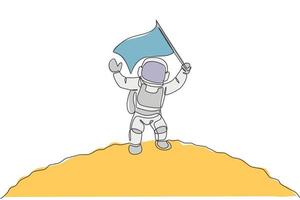 Single continuous line drawing science astronaut in moon surface waving flag to celebrate the landing. Fantasy deep space exploration, fiction concept. One line draw design vector illustration graphic