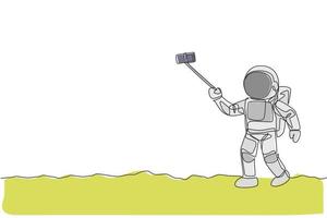 One continuous line drawing of young happy astronaut doing selfie shot in moon surface with smartphone. Space man deep space concept. Dynamic single line draw graphic design vector illustration