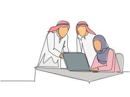 un dibujo de una sola línea de jóvenes trabajadores musulmanes felices discutiendo la estrategia de marketing de ventas. tela de arabia saudita shmag, kandora, pañuelo en la cabeza, thobe, ghutra. Ilustración de vector de diseño de dibujo de línea continua
