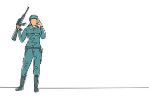 Dibujo de una línea continua, mujer soldado se para con arma, uniforme y gesto de llamarme al servicio del país con la fuerza de las fuerzas militares. Ilustración gráfica de vector de diseño de dibujo de una sola línea