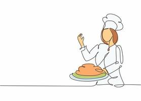 One continuous line drawing of young attractive female chef serving top main dish menu at hotel restaurant. Preparing healthy food to customer concept single line draw design vector illustration