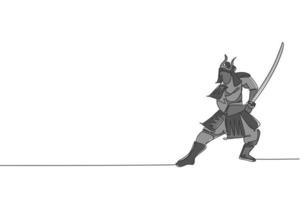 un dibujo de línea continua del joven samurai shogun de valentía con máscara lista para atacar en la sesión de entrenamiento. concepto de deporte de combate de artes marciales. Ilustración de vector de diseño de dibujo de línea única dinámica