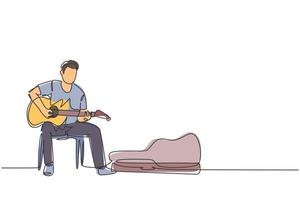 un dibujo de línea continua de un joven guitarrista masculino feliz sentado y tocando la guitarra tocando la guitarra en Uptown Road. Ilustración de vector de diseño de dibujo de línea única concepto de rendimiento de artista de músico callejero