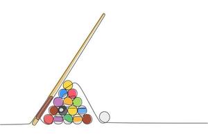 One continuous line drawing of triangle pyramid balls stack for pool billiards game at billiard room. Tournament indoor sport game concept. Dynamic single line draw graphic design vector illustration