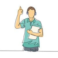 Single line drawing of young happy field project manager wearing headset and carrying clipboard while working. Field manager work life concept. Continuous line draw design vector illustration