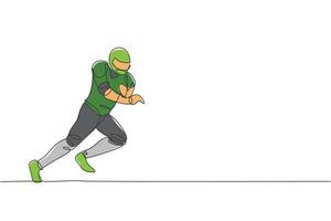 Single continuous line drawing young agile american football player running fast to score a goal for competition media. Sport exercise concept. Trendy one line draw design vector graphic illustration