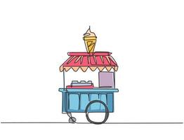 Single one line drawing of ice cream booth at amusement park using a two-wheeled cart with an ice cream logo. Sweet and very tasty food concept. Continuous line draw design graphic vector illustration