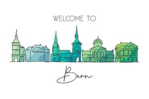 One continuous line drawing of Bern city skyline, Switzerland. Beautiful city skyscraper postcard. World landscape tourism travel wall decor poster. Stylish single line draw design vector illustration