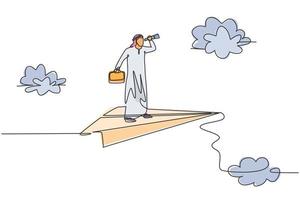 dibujo continuo de una línea joven trabajador árabe analizando el mercado en un avión de papel volador. concepto de metáfora minimalista de gerente de negocios de éxito. Ilustración gráfica de vector de diseño de dibujo de una sola línea