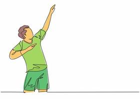 Single continuous line drawing of young male sporty football player raises his hands up to the sky on the field. Match soccer goal celebration concept one line draw design vector illustration