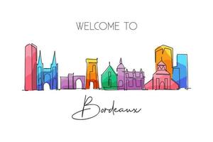 One single line drawing of Bordeaux city skyline, France. Historical skyscraper landscape in world. Best holiday home wall decor poster art destination. Continuous line draw design vector illustration