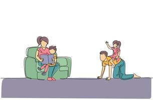 One continuous line drawing of young play with daughter while mother sitting on sofa and reading book to son. Happy family parenting concept. Dynamic single line draw design vector illustration