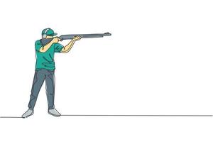 One continuous line drawing of young man on shooting training ground practice for competition with rifle shotgun. Outdoor shooting sport concept. Dynamic single line draw design vector illustration