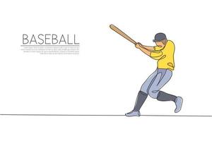 One continuous line drawing of young sporty man baseball player practice to hit the ball at stadium. Competitive sport concept. Dynamic single line draw design vector illustration for promotion poster