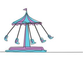 Continuous one line drawing of a wave swinger in an amusement park with five seats and a flag above tent. Passengers can swing around in the sky. Single line draw design, vector graphic illustration