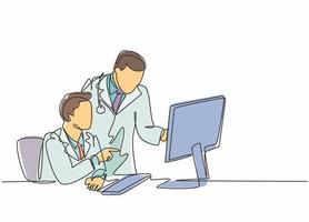 One continuous line drawing of two young male doctors discussing while watching patient medical record at computer screen. Hospital health care concept single line draw design vector illustration