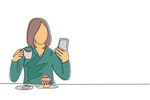 un dibujo de línea continua de una joven estudiante universitaria que se toma una selfie mientras pide una taza de café y una magdalena en el café. Beber té concepto de una sola línea dibujar diseño gráfico ilustración vectorial vector