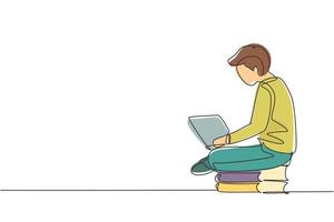 Single continuous line drawing young male studying with laptop and sitting on pile of books. Back to school, intelligent student, online education. One line draw graphic design vector illustration