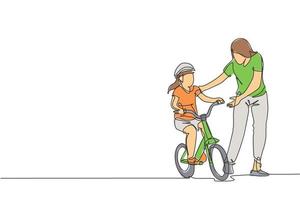 Single continuous line drawing of young kids girl learning ride bicycle with mother at outdoor park. Parenthood lesson. Family time concept. Trendy one line draw design vector illustration graphic