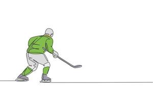dibujo de una sola línea continua de un joven jugador profesional de hockey sobre hielo que sostiene el tiro y la defensa en la arena de la pista de hielo. concepto de deporte extremo de invierno. ilustración de vector de diseño de dibujo de una línea de moda