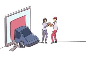 El carro de caja de entrega de dibujo continuo de una línea sale en parte de la pantalla del monitor gigante y el mensajero masculino entrega la caja del paquete a la clienta. Ilustración gráfica de vector de diseño de dibujo de una sola línea