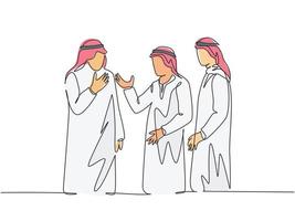 Single continuous line drawing of young muslim manager discussing business talk with partner colleagues. Arab middle east cloth shmagh, kandura, thawb, robe. One line draw design vector illustration