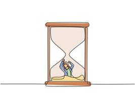 Single continuous line drawing young business woman buried inside sandglass and asking for help. Minimalism metaphor business deadline concept. Dynamic one line draw graphic design vector illustration