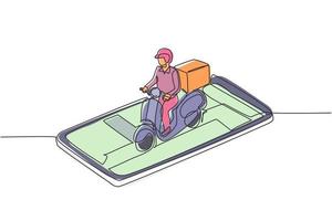 Single one line drawing courier deliver packages using scooter and ride on smartphone screen. E-commerce. Fast delivery parcel concept. Modern continuous line draw design graphic vector illustration