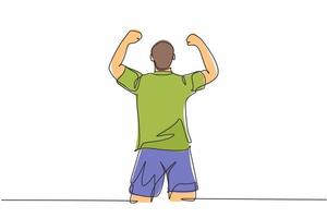 One continuous line drawing of sporty young soccer player raises his fist hands up to the sky emotionally on field. Match goal scoring celebration concept single line draw design vector illustration