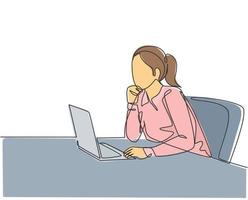 One single line drawing of young female employee sitting in front of the laptop and thinking business solution at the office. Business idea concept continuous line draw design vector illustration