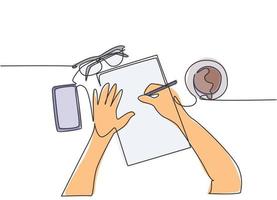 One continuous line drawing of hand writing gesture on a piece of paper beside glasses, smartphone and a cup of coffee. Writing business draft concept. Single line draw design vector illustration