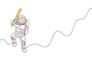 Single continuous line drawing of astronaut playing baseball on moon surface. Space astronomy galaxy sport concept. Trendy one line draw graphic design vector illustration