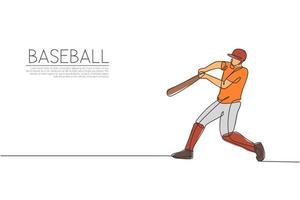 Single continuous line drawing of young agile man baseball player practice to hit ball at field. Sport exercise concept. Trendy one line draw design vector illustration for baseball promotion media