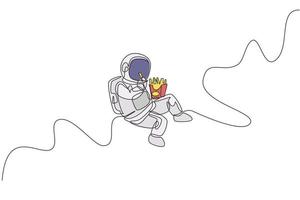 One single line drawing of astronaut flying in cosmos galaxy while eating french fries vector graphic illustration. Fantasy outer space life concept. Modern continuous line draw design