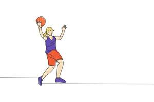 una línea continua dibujando una joven jugadora de baloncesto atrapa la pelota. concepto de deporte de trabajo en equipo competitivo. Ilustración de vector gráfico de diseño de dibujo de línea única dinámica para medios de promoción de torneos