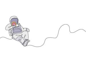 One single line drawing of astronaut flying in cosmos galaxy while eating sweet sugar donut graphic vector illustration. Fantasy outer space life concept. Modern continuous line draw design