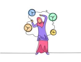 Single one line drawing of stressful young Arabian business woman surrounded by flying analog clocks. Minimalism metaphor business concept. Continuous line draw design graphic vector illustration.