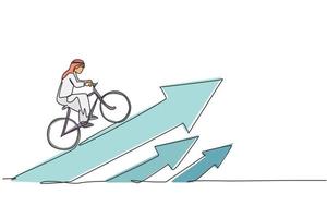 Continuous one line drawing of young Arab businessman ride bicycle to climb arrow up sign. Business financial increase minimalist concept. Trendy single line draw design vector graphic illustration