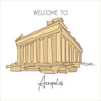 One single line drawing Acropolis temple landmark. World famous ruin in Athens, Greek. Tourism travel postcard home wall decor poster concept. Modern continuous line draw design vector illustration