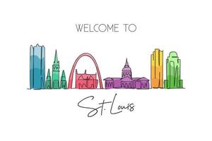 One single line drawing of St. Louis city skyline, USA. Historical town landscape in the world. Best holiday destination poster. Editable stroke trendy continuous line draw design vector illustration
