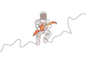 One continuous line drawing of astronaut with spacesuit playing electric guitar in galaxy universe. Outer space music concert concept. Dynamic single line draw graphic design vector illustration