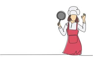 Una cocinera de dibujo continuo de una línea con gestos bien, sosteniendo una sartén y usando un delantal está lista para cocinar comidas para los invitados en restaurantes famosos. Ilustración gráfica de vector de diseño de dibujo de una sola línea