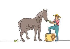 Single continuous line drawing female farmer stomped one of its feet into the curled hay as it was about to feed the horse. Farming minimalism concept. One line draw graphic design vector illustration