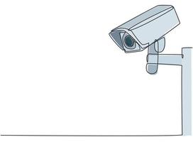 Single continuous line drawing of CCTV with a box shape installed on the side of the highway to monitor traffic movements and improve security systems. One line draw graphic design vector illustration