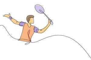 Single continuous line drawing of young agile badminton player give drop shot hit to opponent. Sport concept. Trendy one line draw design vector illustration for badminton tournament publication media