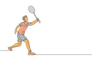 un dibujo de línea continua del joven jugador de bádminton golpeó el volante con la raqueta. concepto de deporte competitivo. ilustración de vector de diseño de dibujo de línea única dinámica para cartel de promoción de partido de torneo